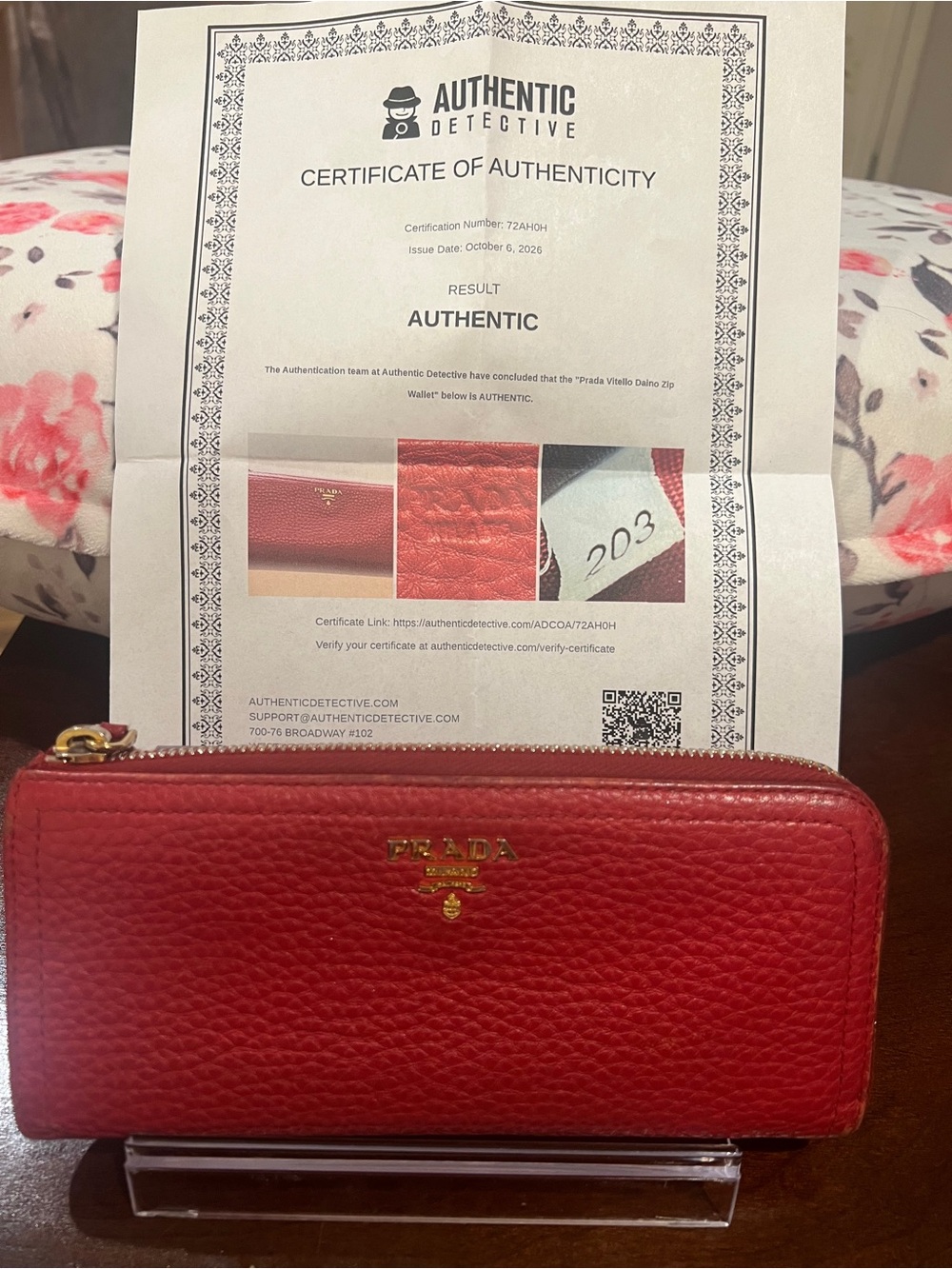 Prada Red Pebbled Leather Zip Wallet with Gold Logo